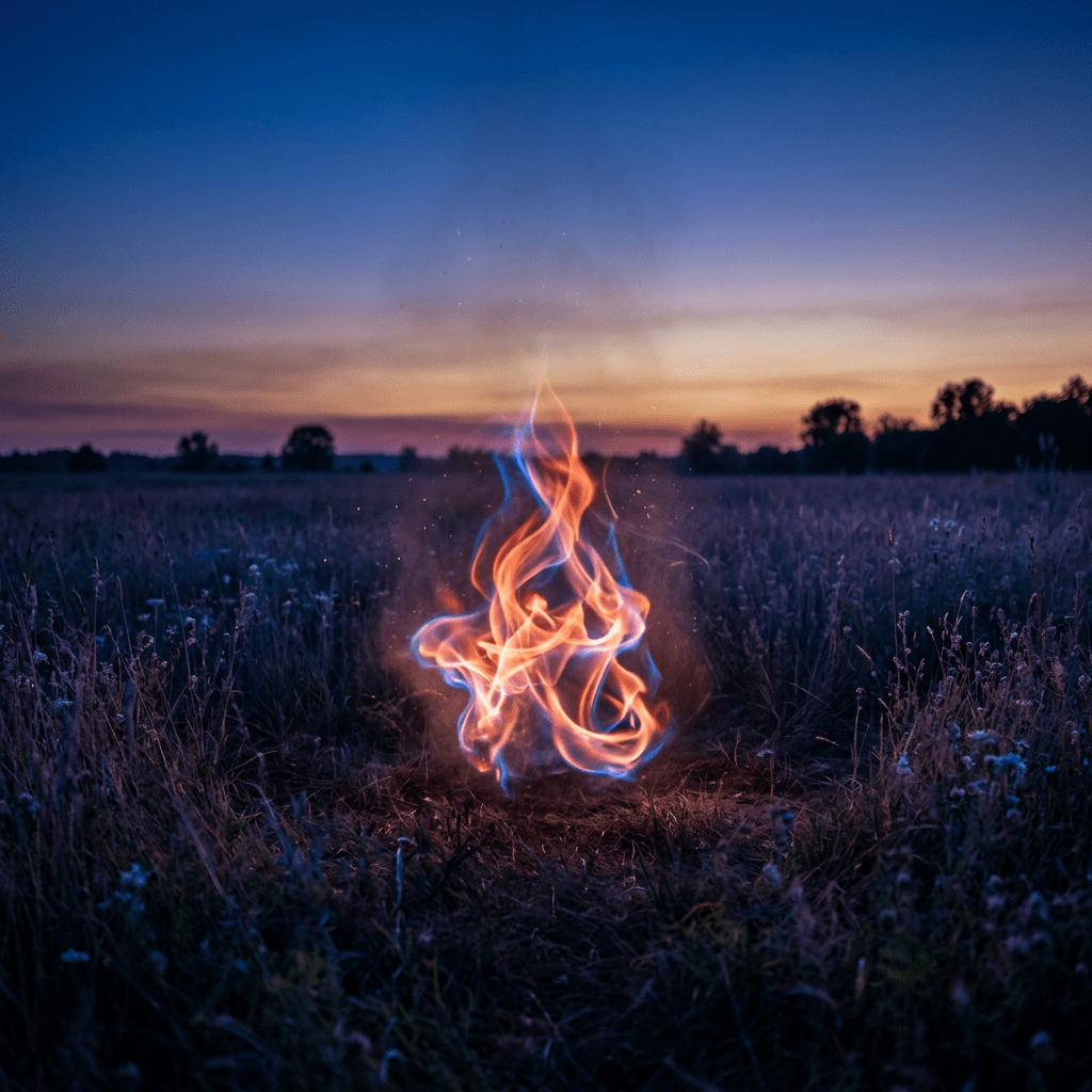 Current image: Bright orange and blue flames burning in a field at twilight